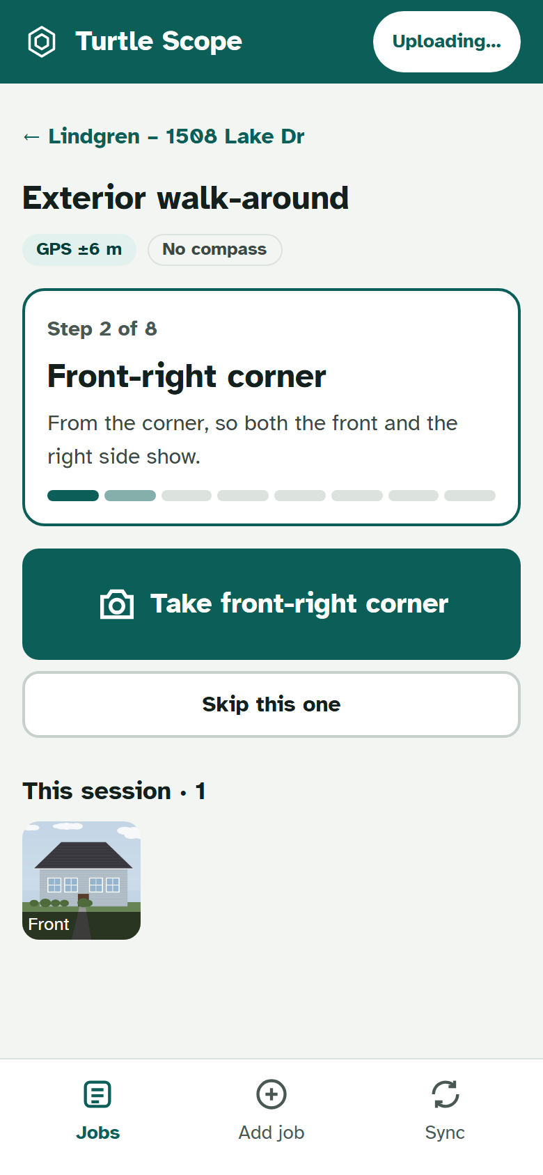 The guided walk-around on the phone, asking for the front-right corner