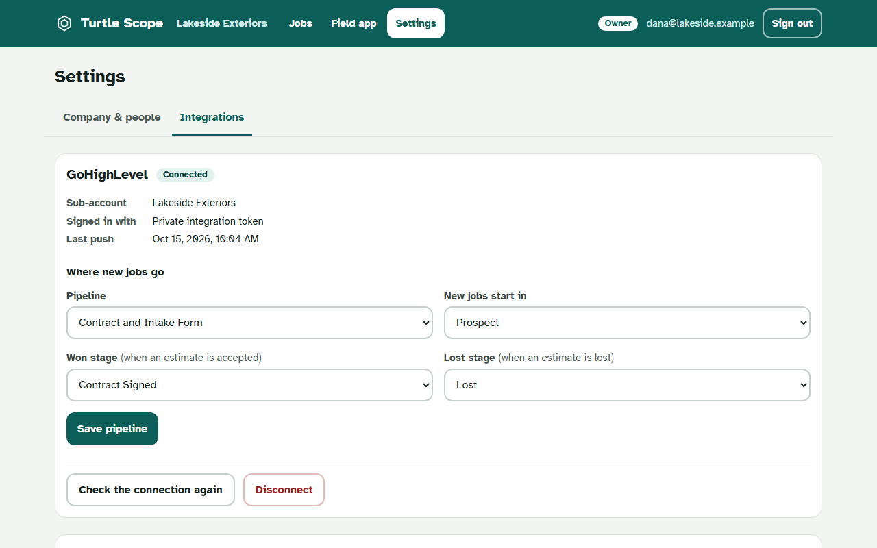 Settings showing GoHighLevel connected and the pipeline new jobs go into